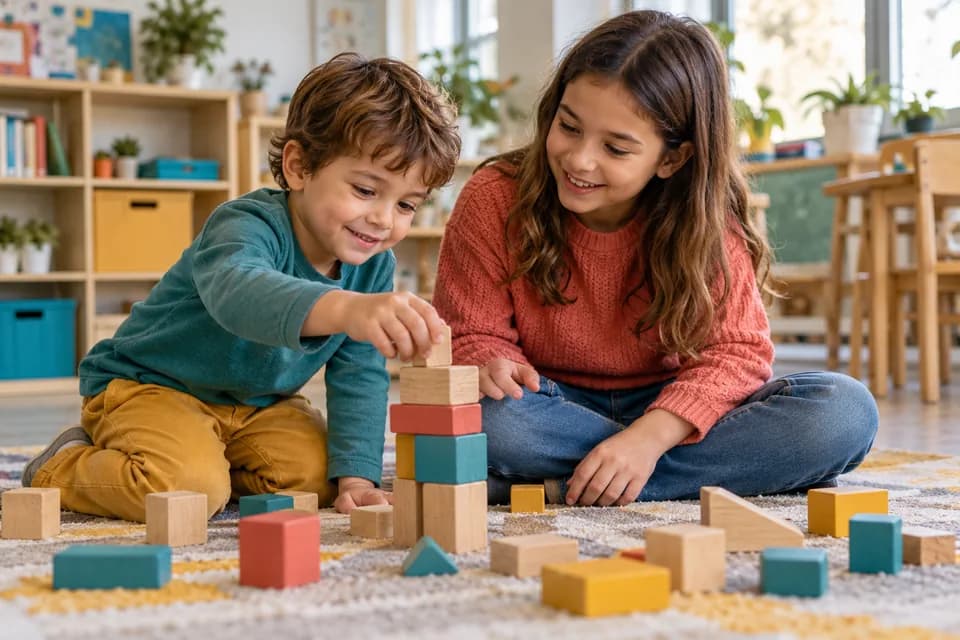 Imagine generată: copii mai mici exersează construind împreună.